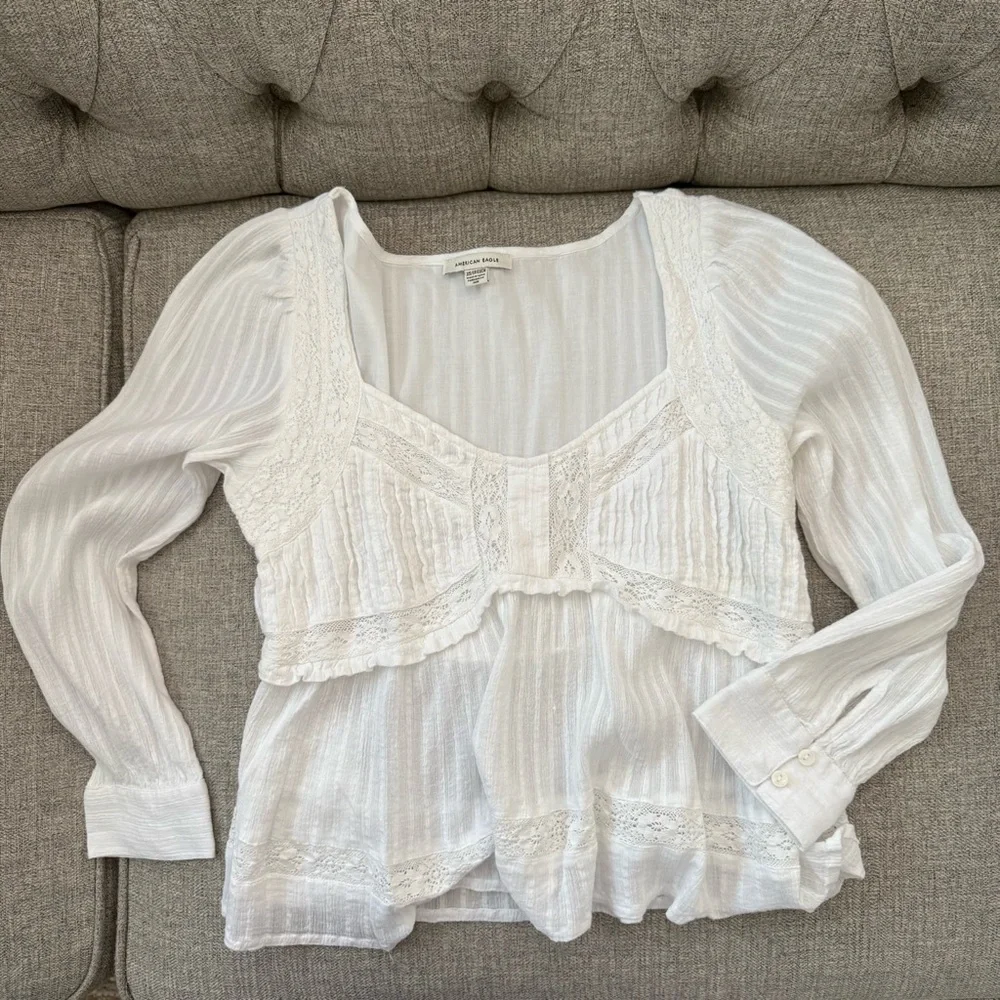 White Coquette Bohemian Lacey Sweetheart Neckline Long Sleeve Blouse - Picture 1 of 6